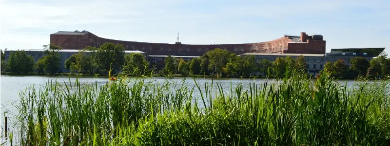 Nazi Rally Grounds, Congress Hall from across the lake Dutzendteich in Nuremberg at Nazi Rally Grounds